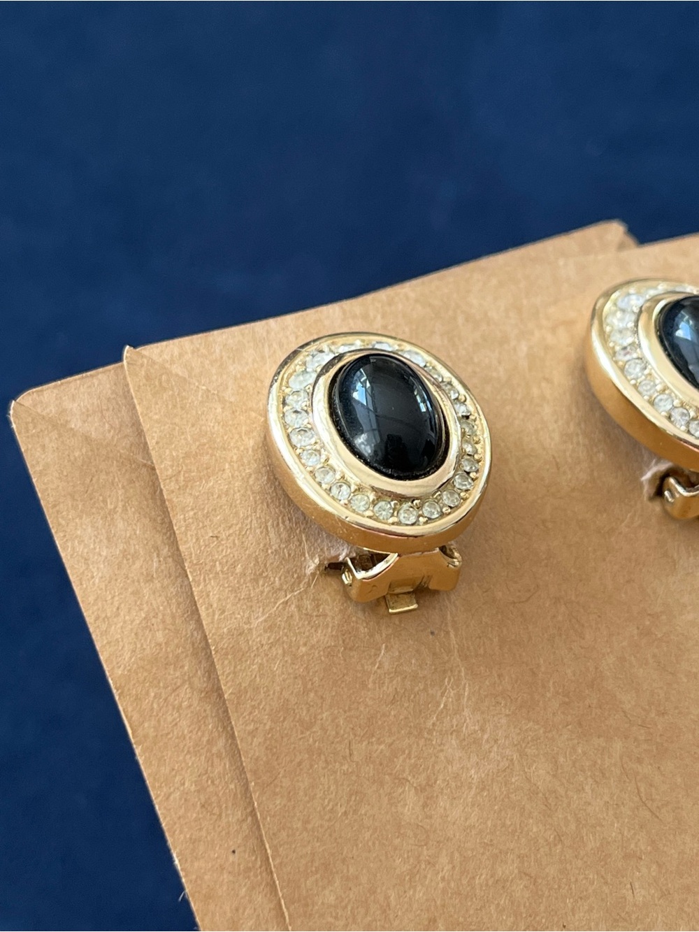 Authentic Vintage Dior Oval Black Glass Cabochon Rhinestone Gold Clip Earrings - Picture 2 of 6